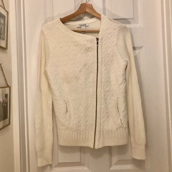 White House Black Market Off White Asymmetrical Zip Up Knit Cardigan Size M - Picture 1 of 11